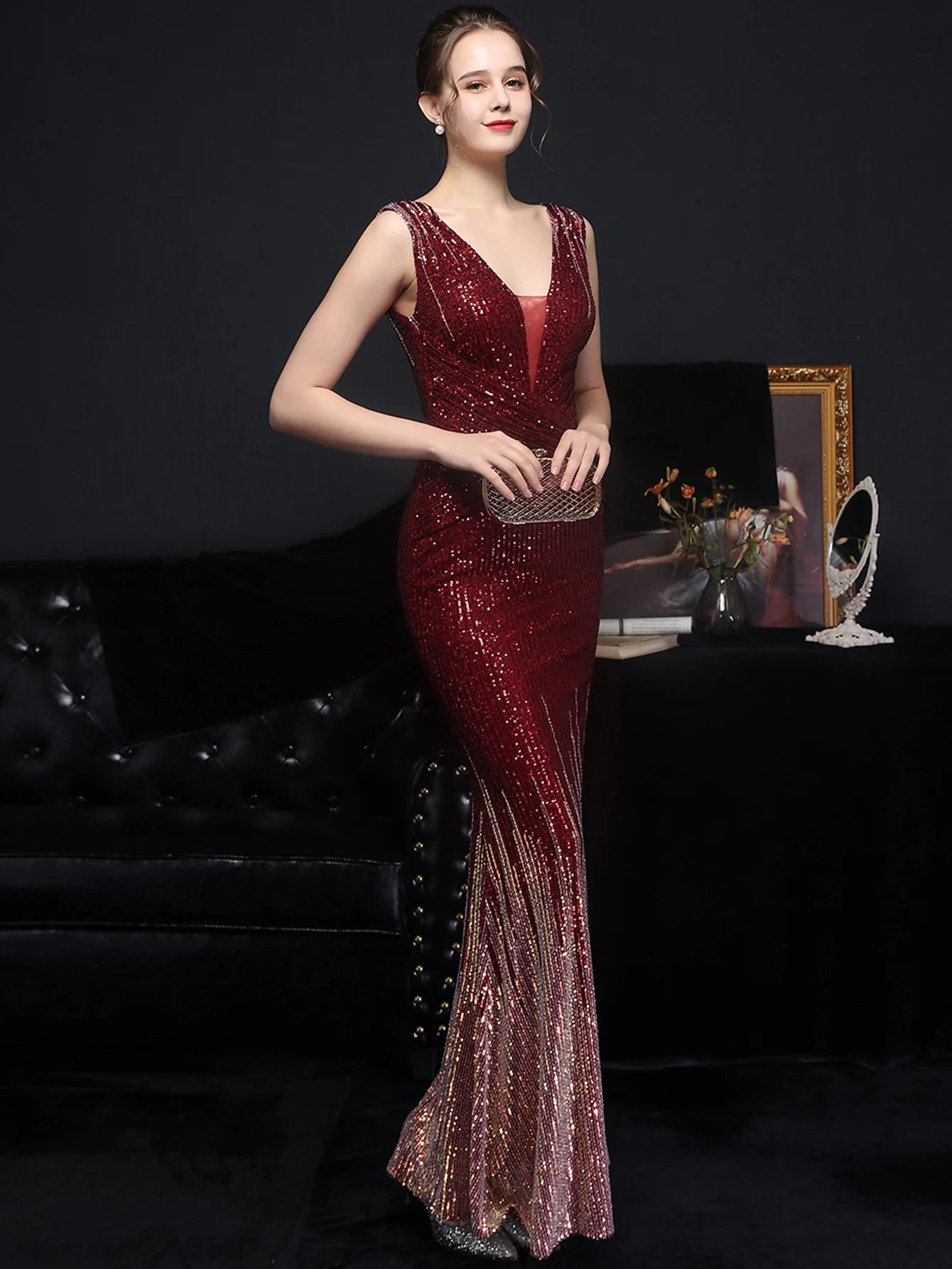 Red Carpet Ready Sequin Mermaid Floor Length Dress Evening Gown | Chuzko.com