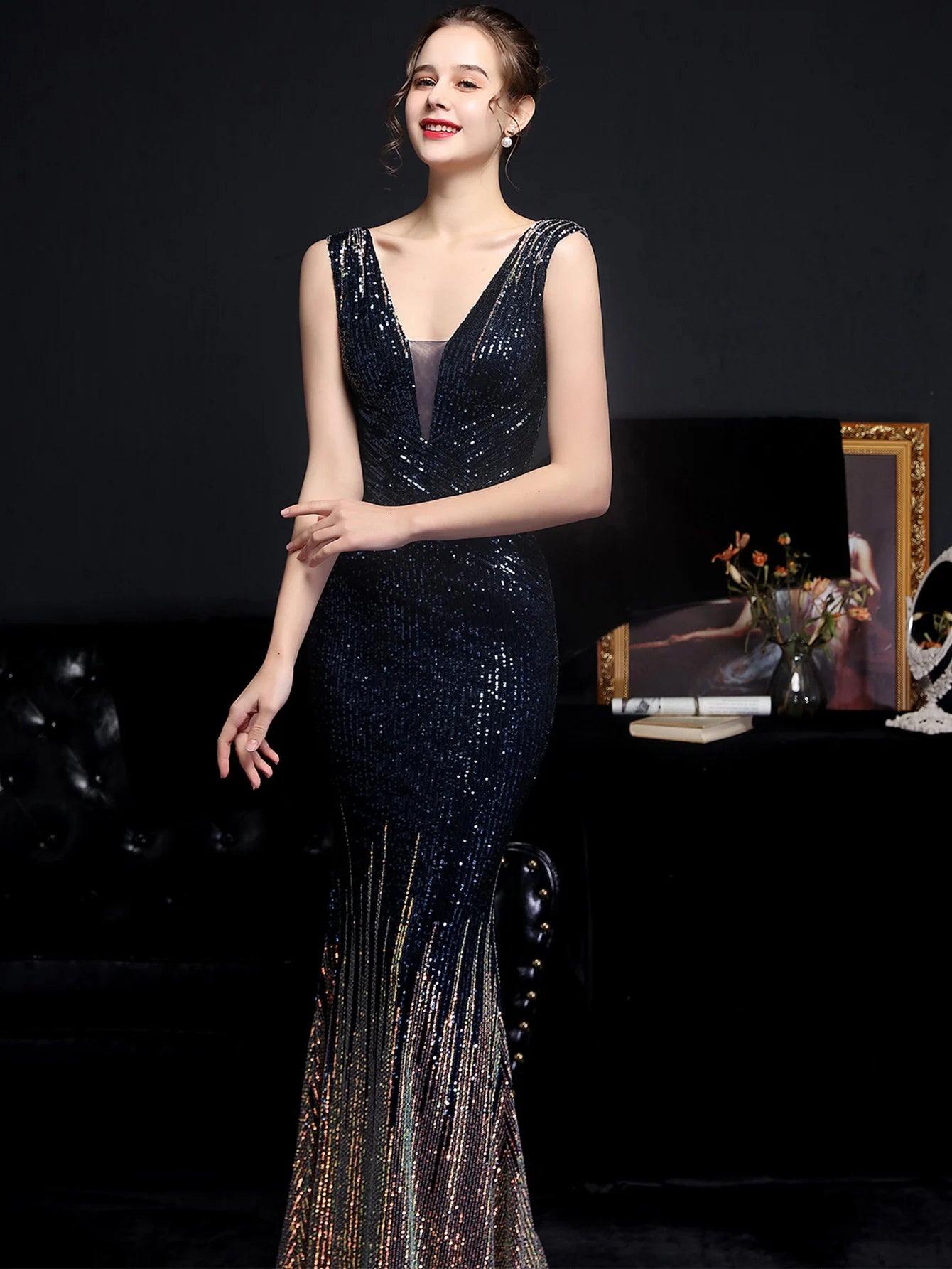 Red Carpet Ready Sequin Mermaid Floor Length Dress Evening Gown | Chuzko.com