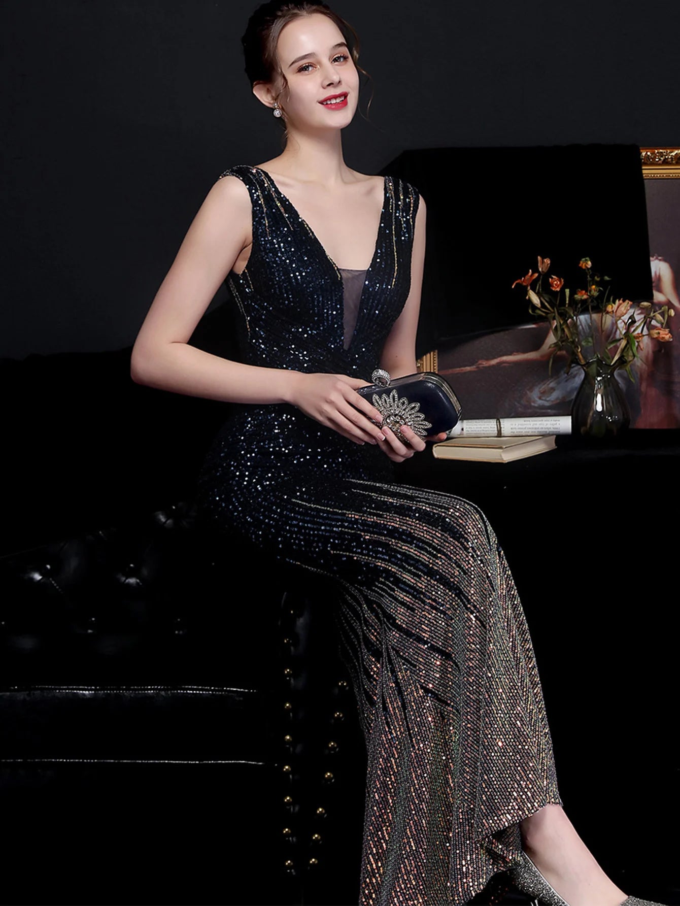 Red Carpet Ready Sequin Mermaid Floor Length Dress Evening Gown | Chuzko.com