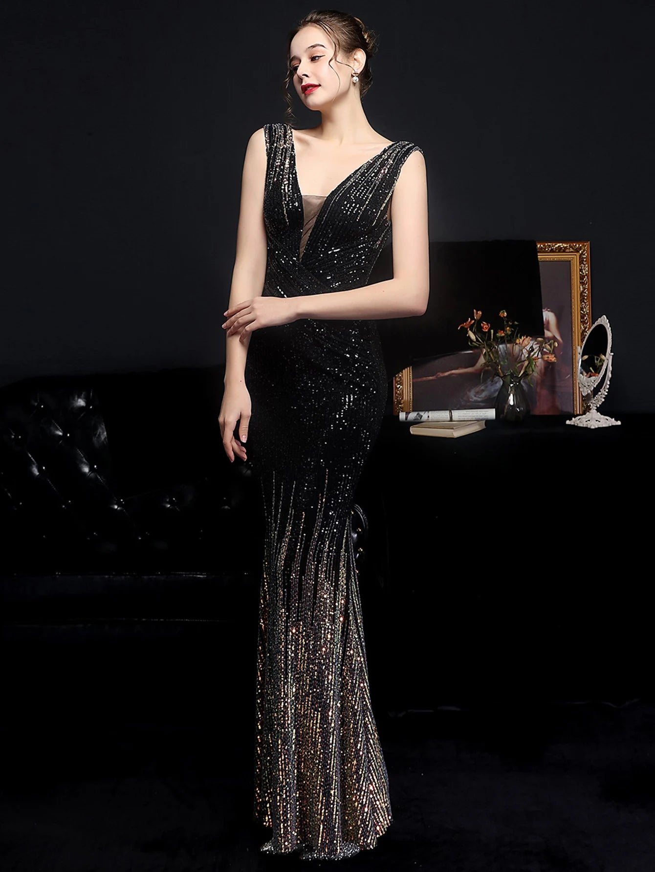 Red Carpet Ready Sequin Mermaid Floor Length Dress Evening Gown | Chuzko.com