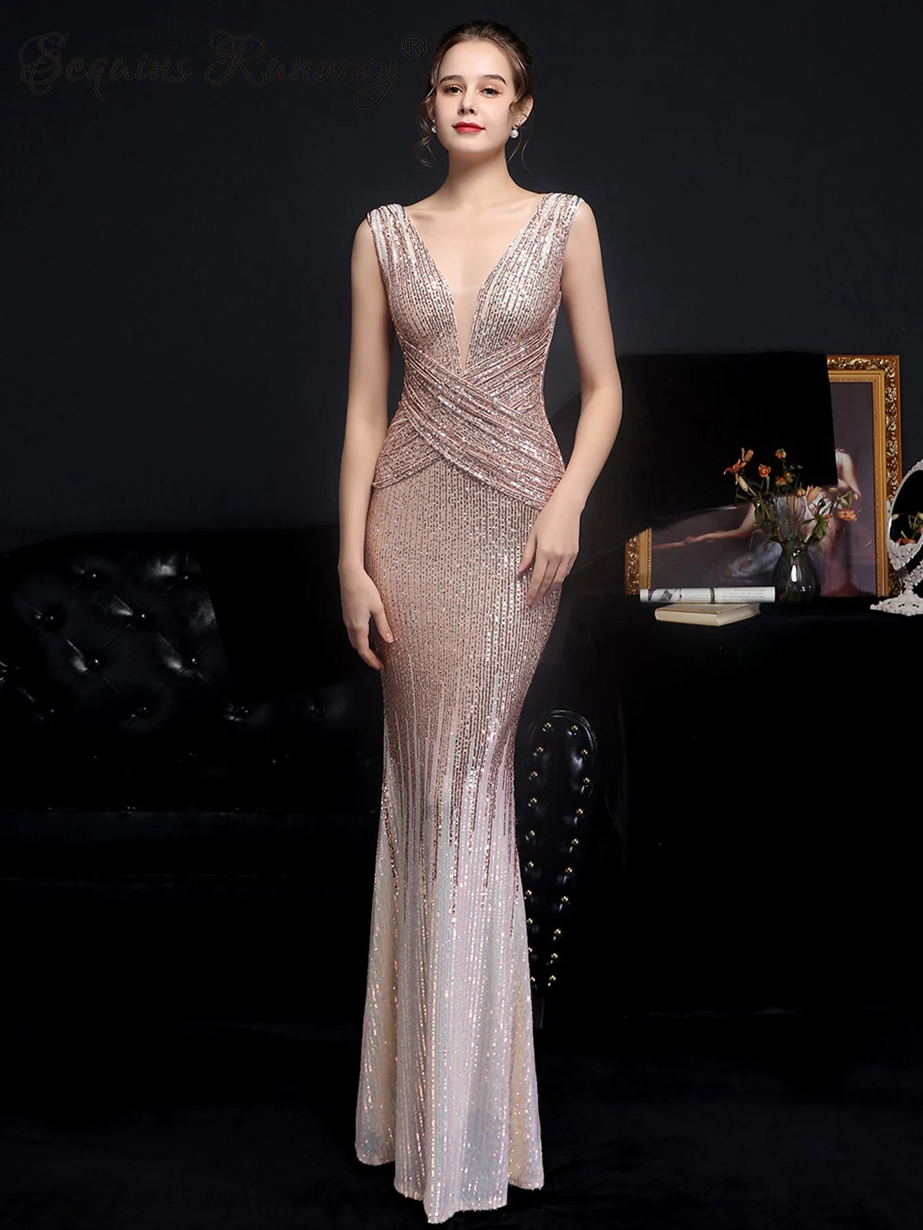 Red Carpet Ready Sequin Mermaid Floor Length Dress	