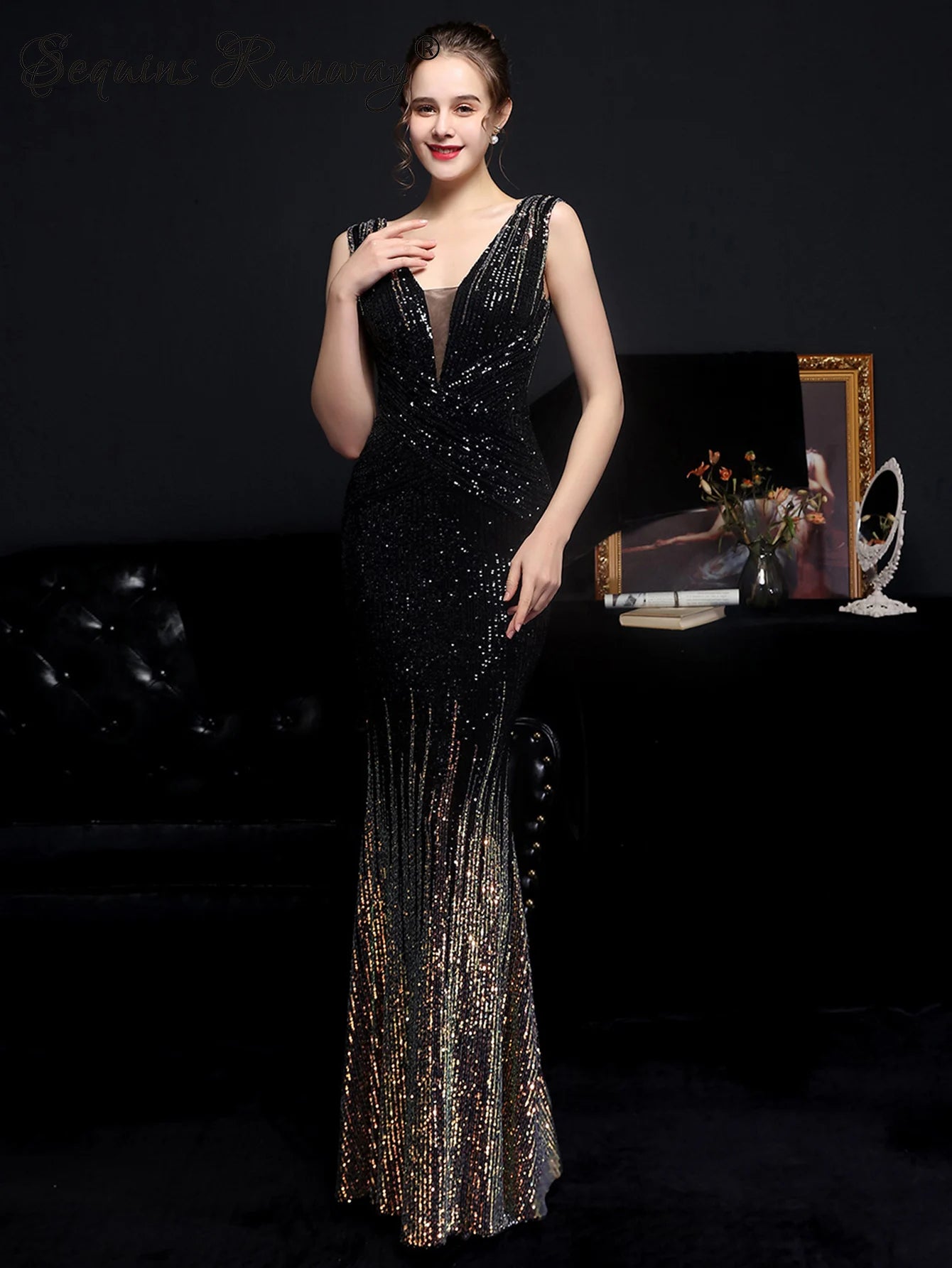 Red Carpet Ready Sequin Mermaid Floor Length Dress Evening Gown | Chuzko.com