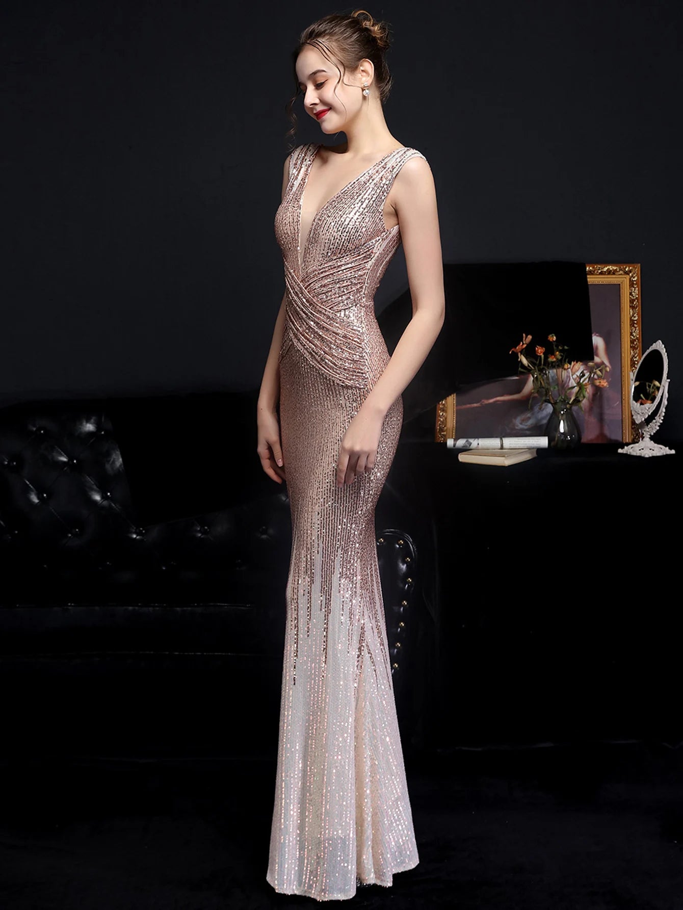 Red Carpet Ready Sequin Mermaid Floor Length Dress Evening Gown | Chuzko.com