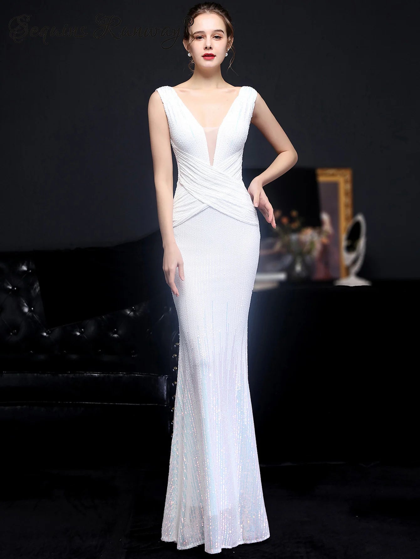 Red Carpet Ready Sequin Mermaid Floor Length Dress Evening Gown | Chuzko.com