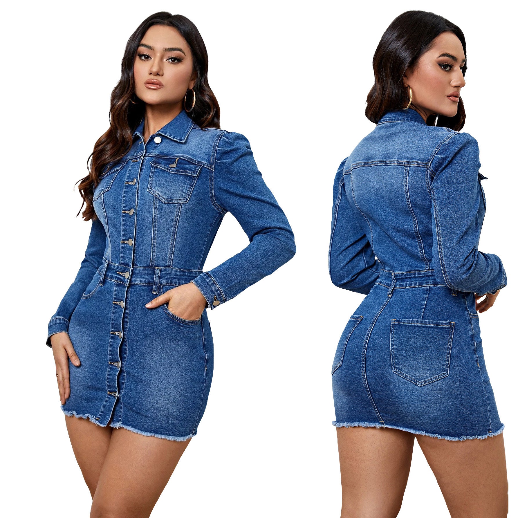 Fitted Metal Button Denim Bodycon Mini Dress with Pockets Denim | Chuzko.com