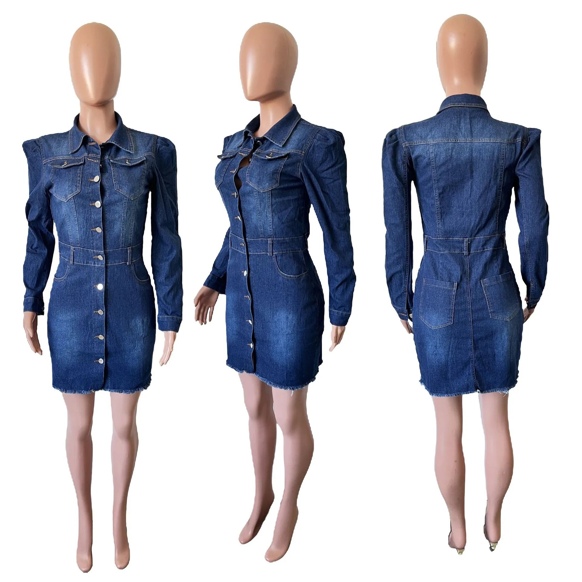 Fitted Metal Button Denim Bodycon Mini Dress with Pockets Denim | Chuzko.com