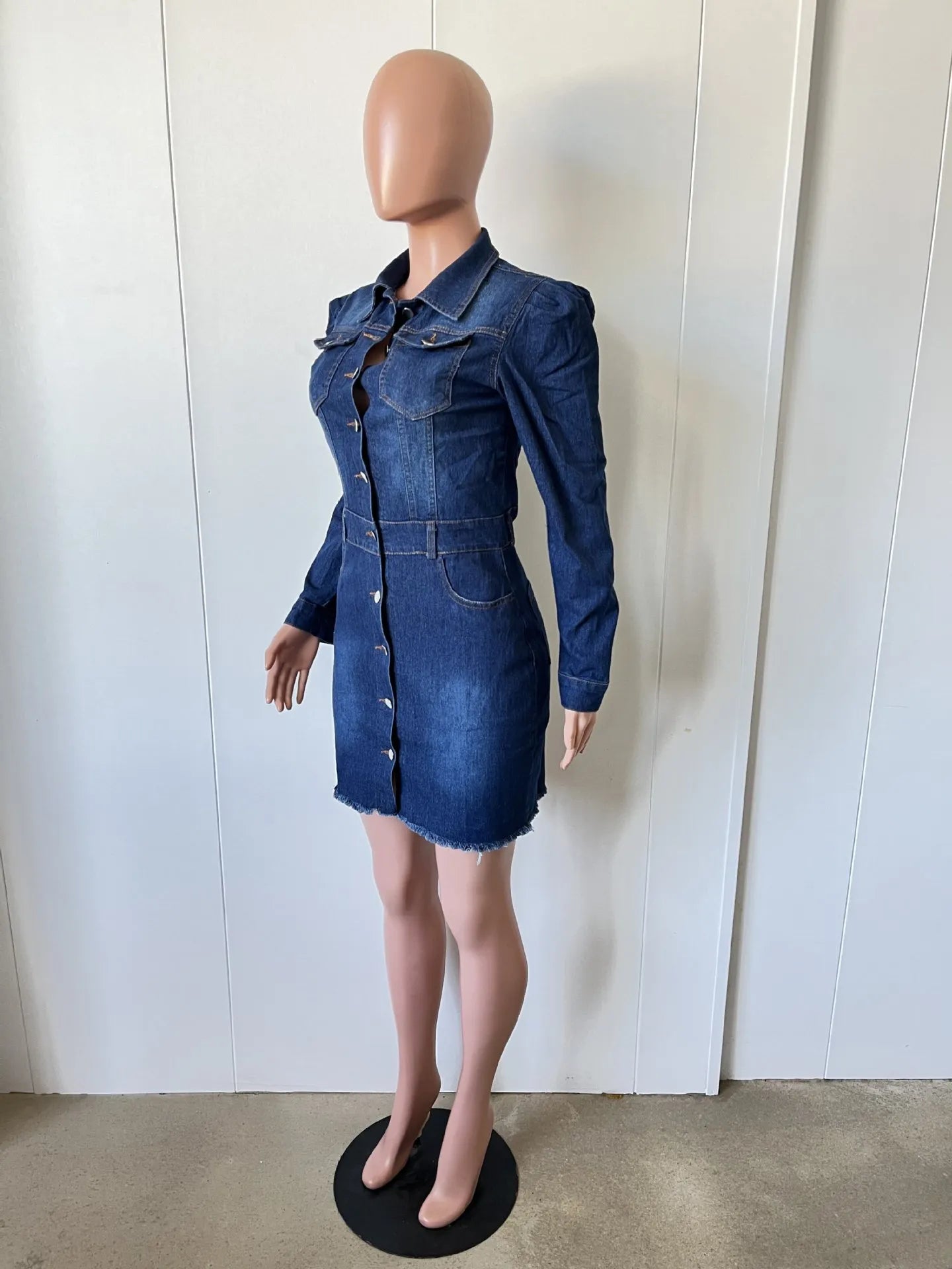 Fitted Metal Button Denim Bodycon Mini Dress with Pockets Denim | Chuzko.com