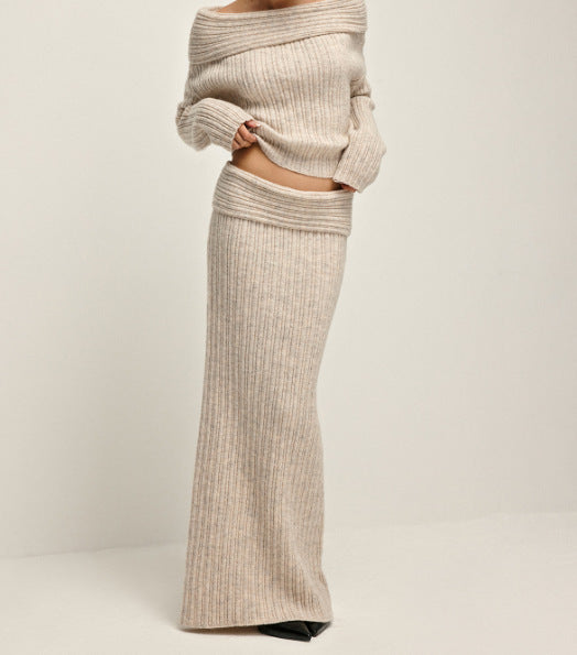 Off-Shoulder Cozy Knit Set – Sweater Top & Maxi Skirt Matching | Chuzko.com