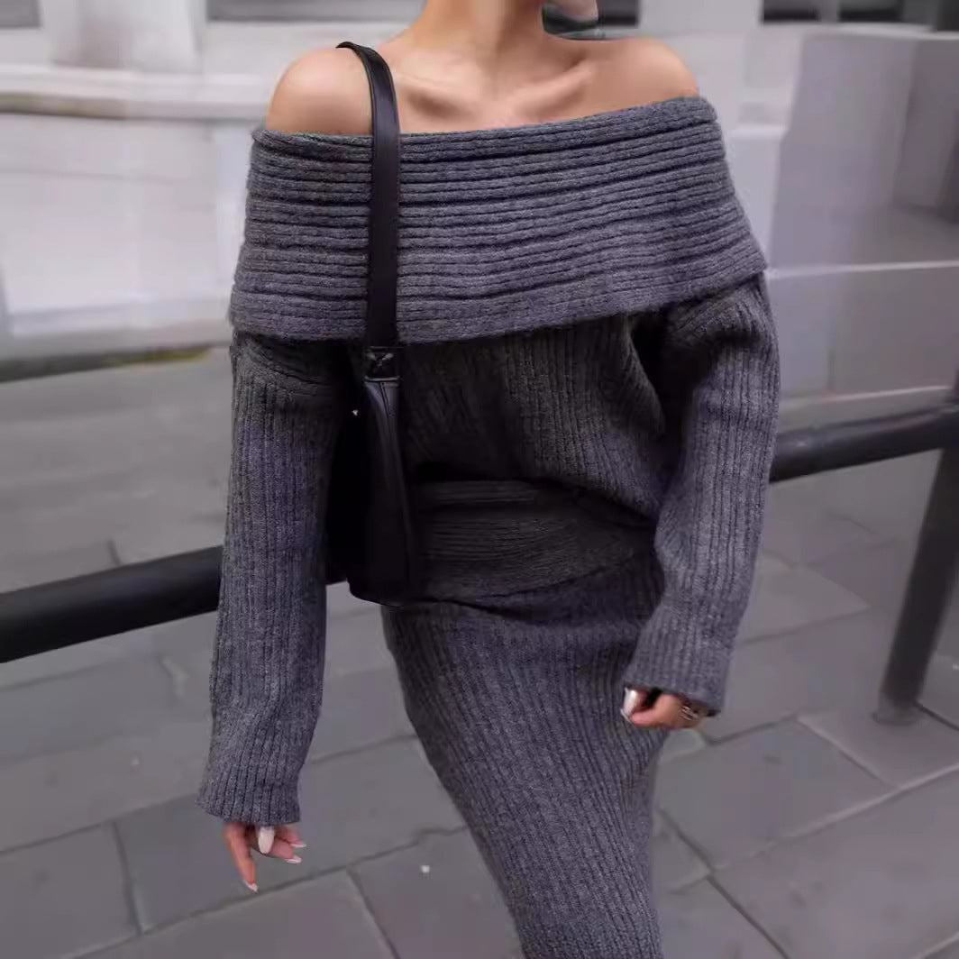 Off-Shoulder Cozy Knit Set – Sweater Top & Maxi Skirt Matching | Chuzko.com