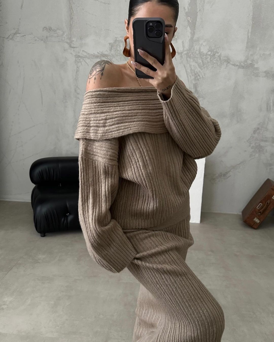 Off-Shoulder Cozy Knit Set – Sweater Top & Maxi Skirt Matching | Chuzko.com