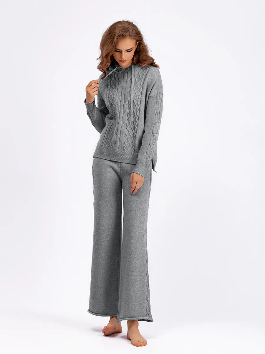 Cozy Cable Knit Hooded Sweater & Pants Set – Loungewear Style | Chuzko.com