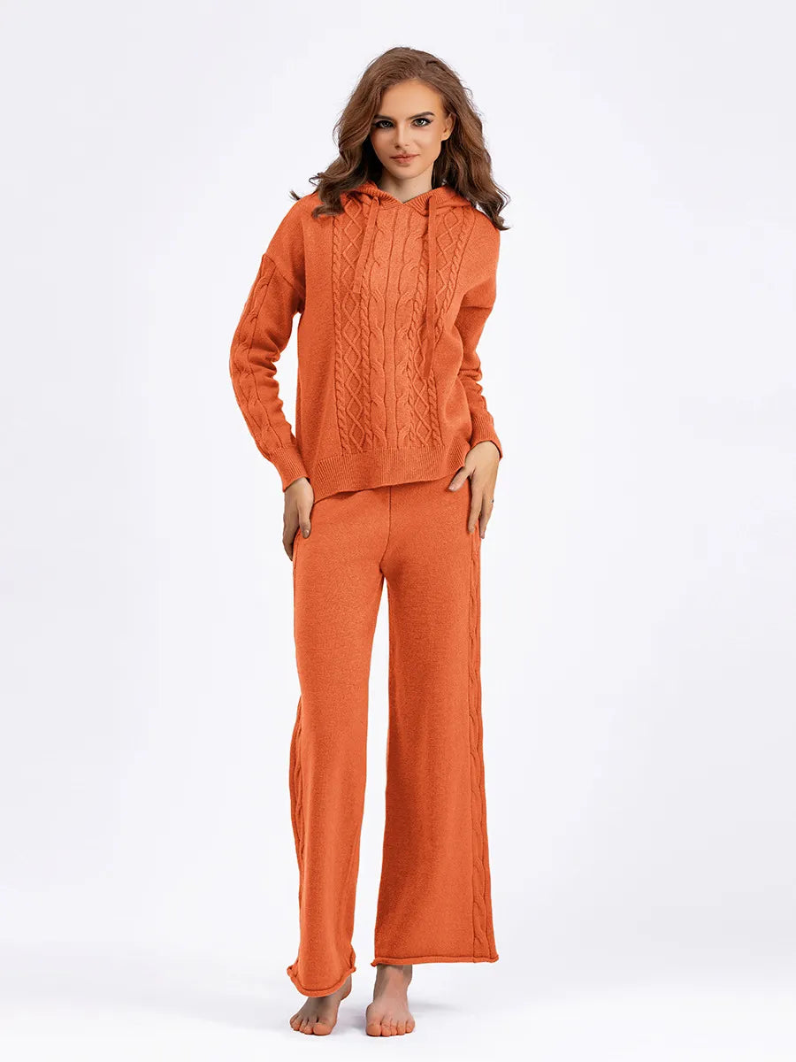 Cozy Cable Knit Hooded Sweater & Pants Set – Loungewear Style | Chuzko.com