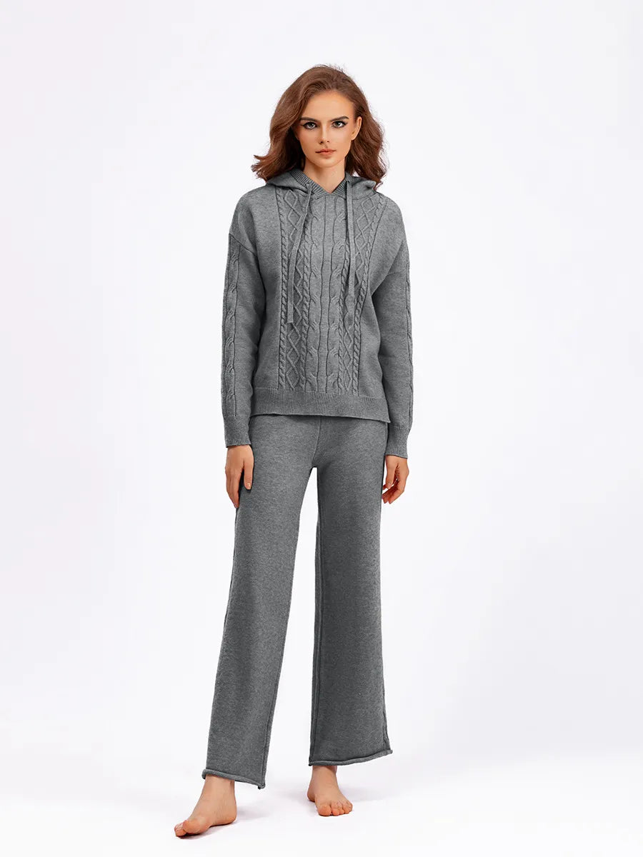 Cozy Cable Knit Hooded Sweater & Pants Set – Loungewear Style | Chuzko.com