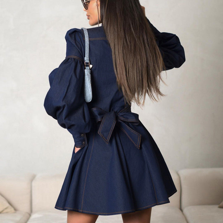 Navy Lantern Sleeve Denim Mini Dress – Perfect for Brunch Denim | Chuzko.com