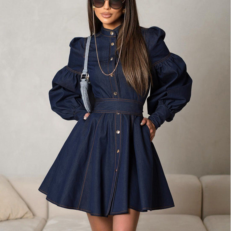 Navy Lantern Sleeve Denim Mini Dress – Perfect for Brunch Denim | Chuzko.com