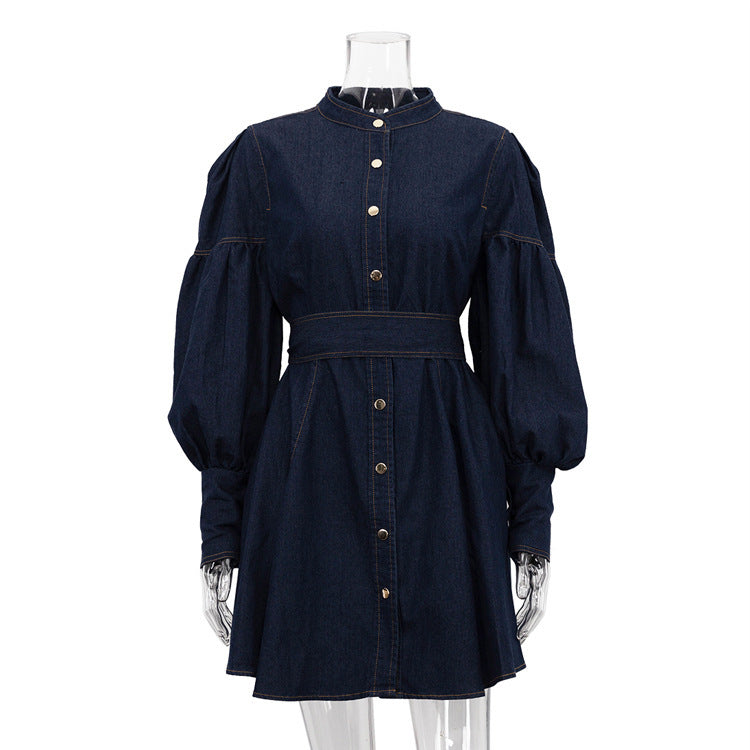 Navy Lantern Sleeve Denim Mini Dress – Perfect for Brunch Denim | Chuzko.com