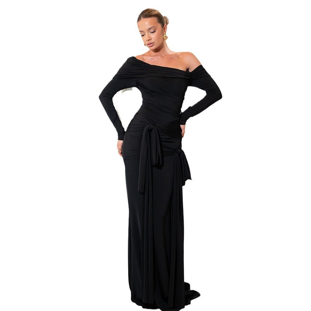 Long Sleeve Off-Shoulder Maxi Gown with Waist Ties Sweep Train | Chuzko.com