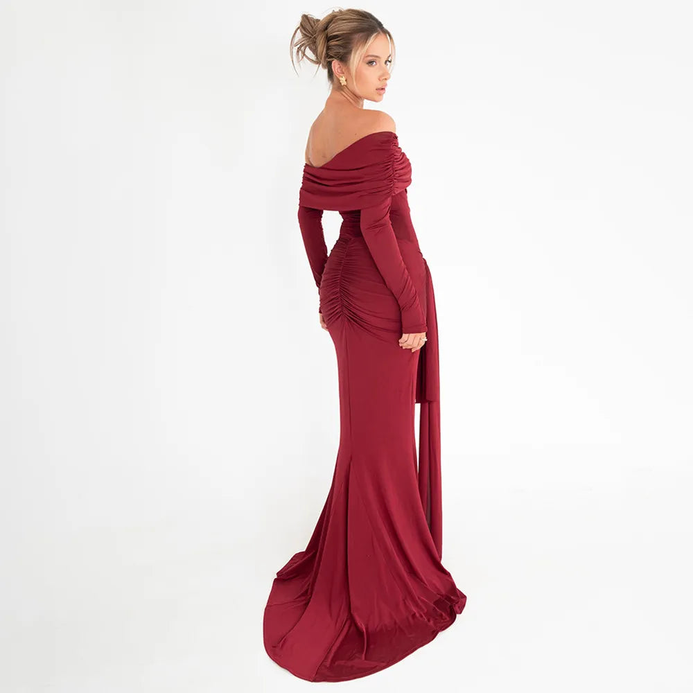 Long Sleeve Off-Shoulder Maxi Gown with Waist Ties Sweep Train | Chuzko.com