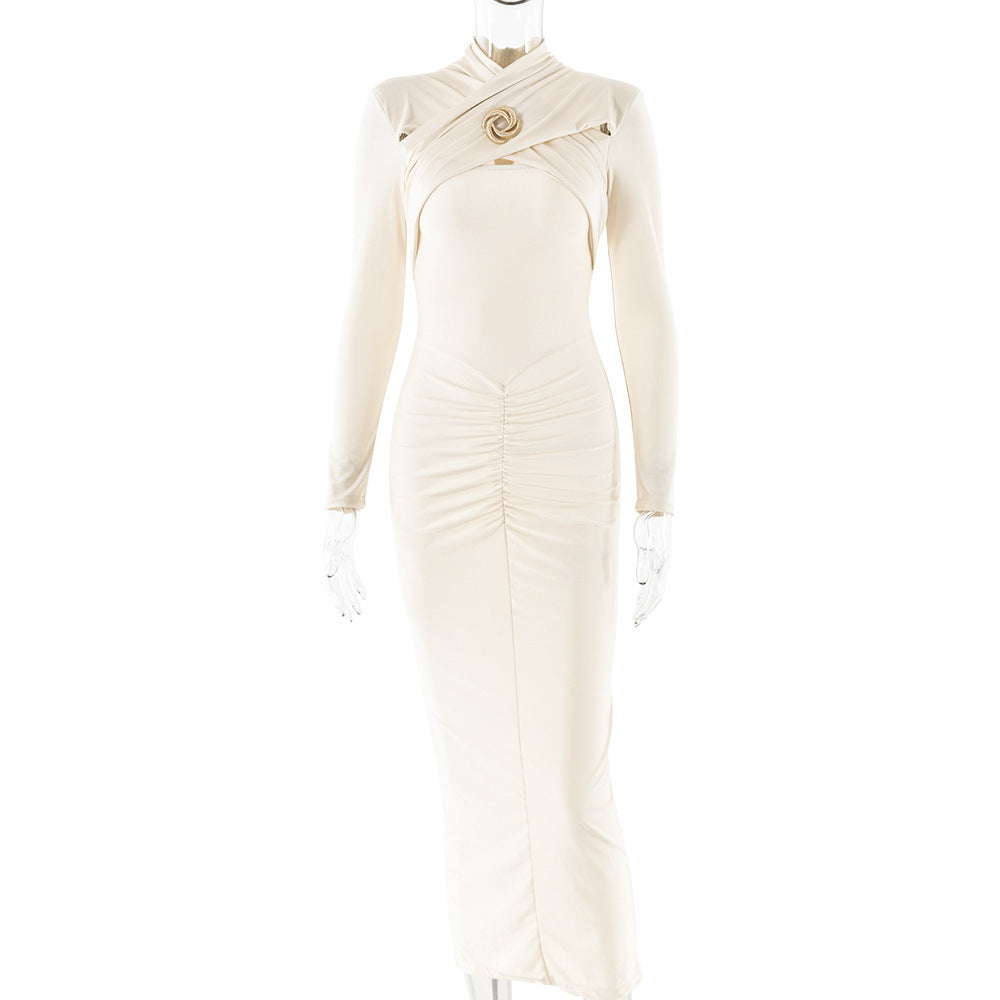 Elegant Long Sleeve Midi Dress - Ruched Waist + Gold Brooch | Chuzko.com