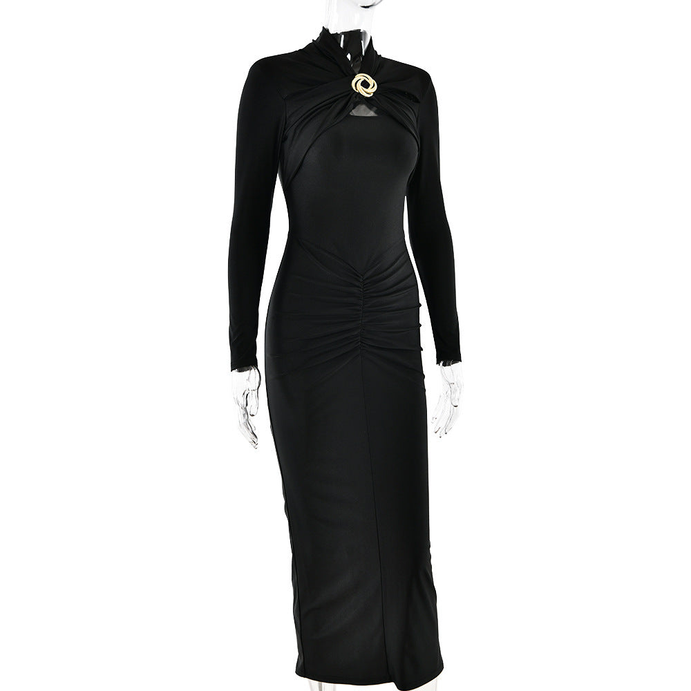 Elegant Long Sleeve Midi Dress - Ruched Waist + Gold Brooch | Chuzko.com