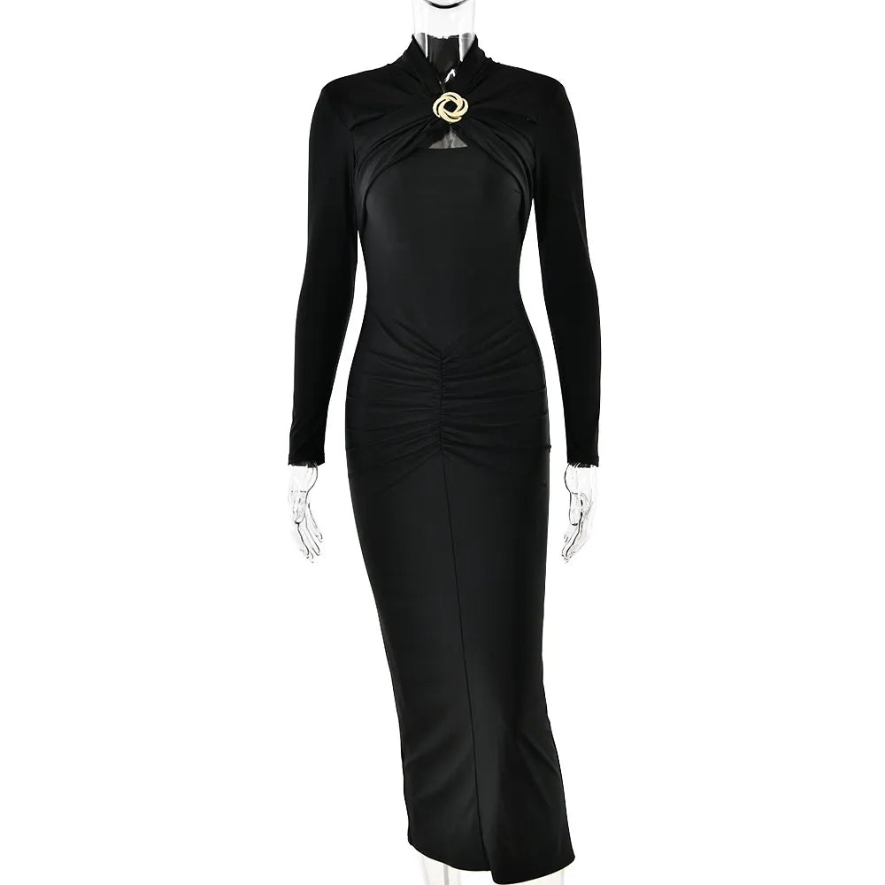 Elegant Long Sleeve Midi Dress - Ruched Waist + Gold Brooch | Chuzko.com