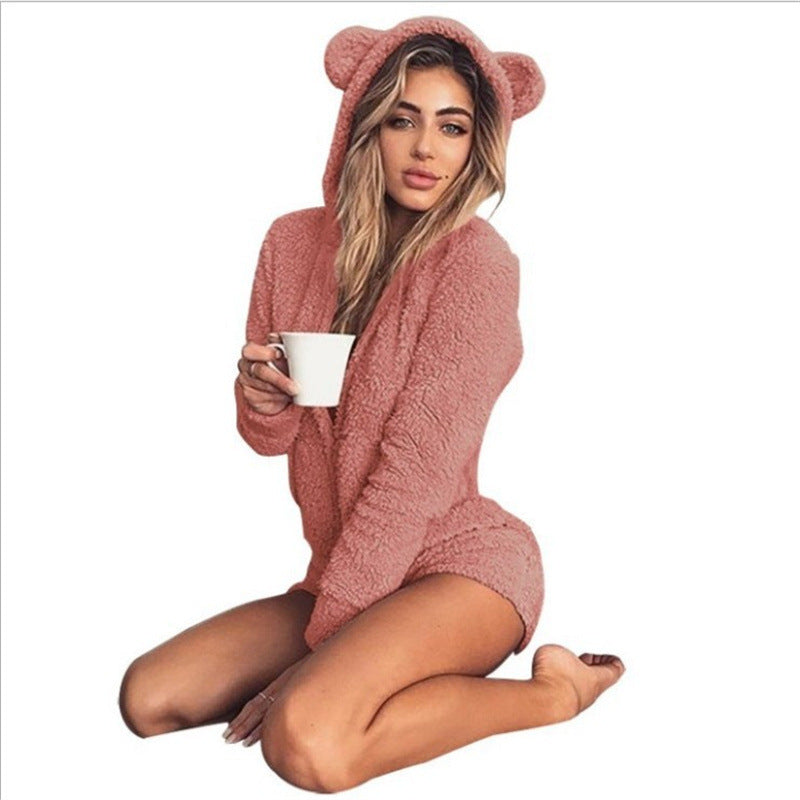 Plush Youthful Teddy Bear Hooded Romper - Loungewear	