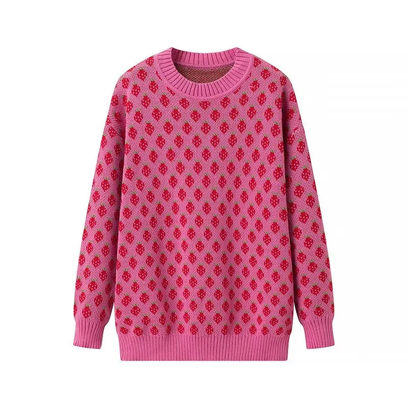 Strawberry Pattern Knit Sweater Playful Pullover Sweaters | Chuzko.com