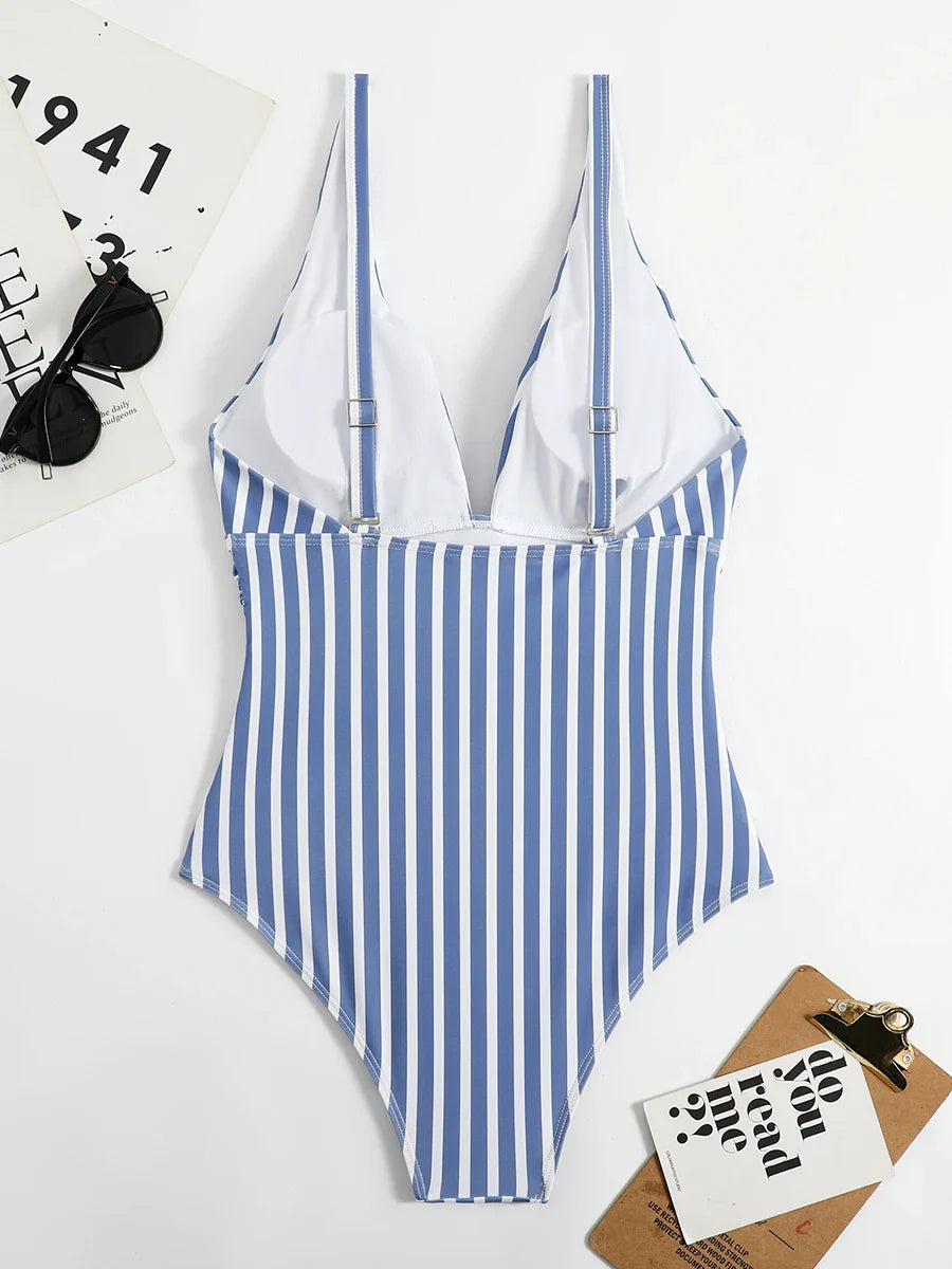 Beach Babe Essential Women's Plunging Striped One Piece Swimwear | Chuzko.com