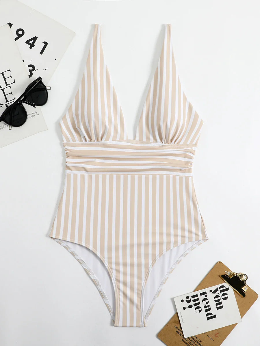 Beach Babe Essential Women's Plunging Striped One Piece Swimwear | Chuzko.com