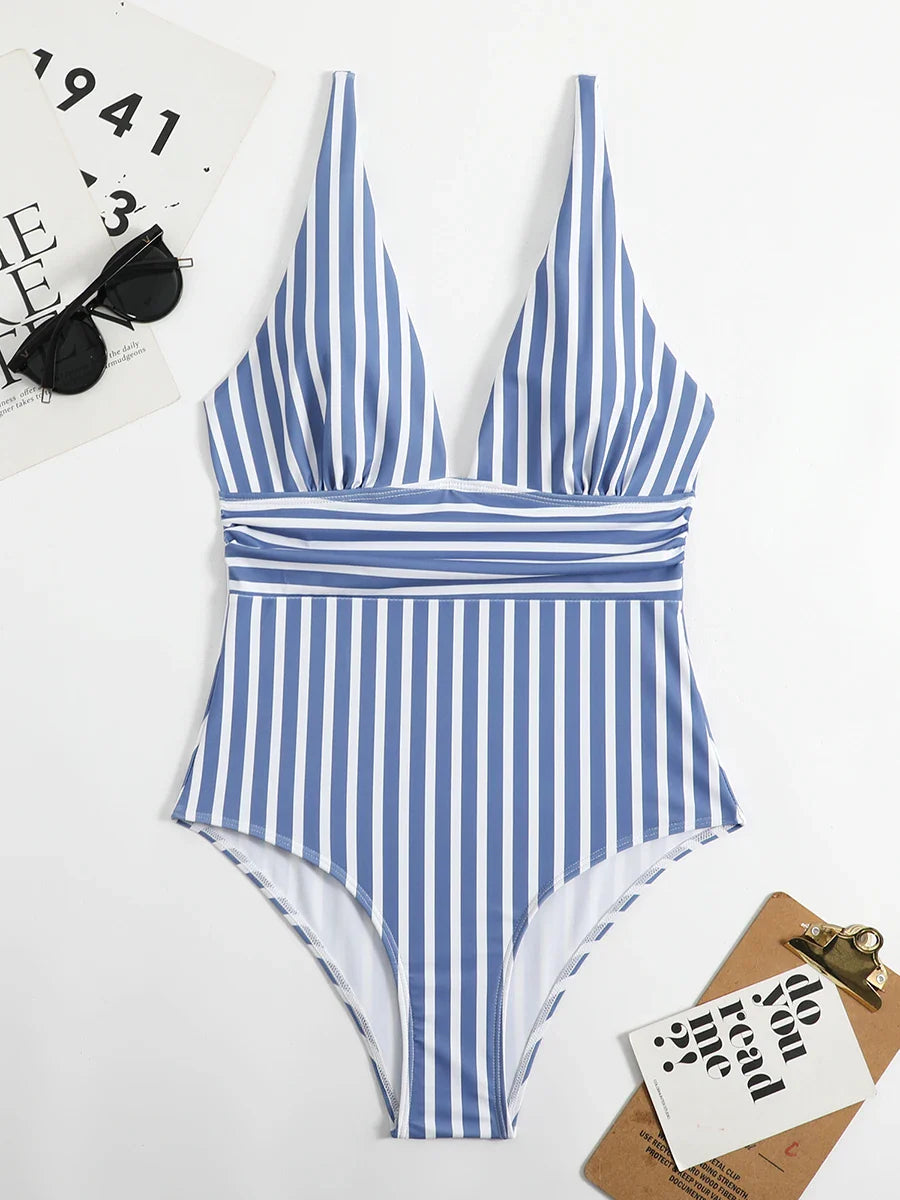 Beach Babe Essential Women's Plunging Striped One Piece Swimwear | Chuzko.com