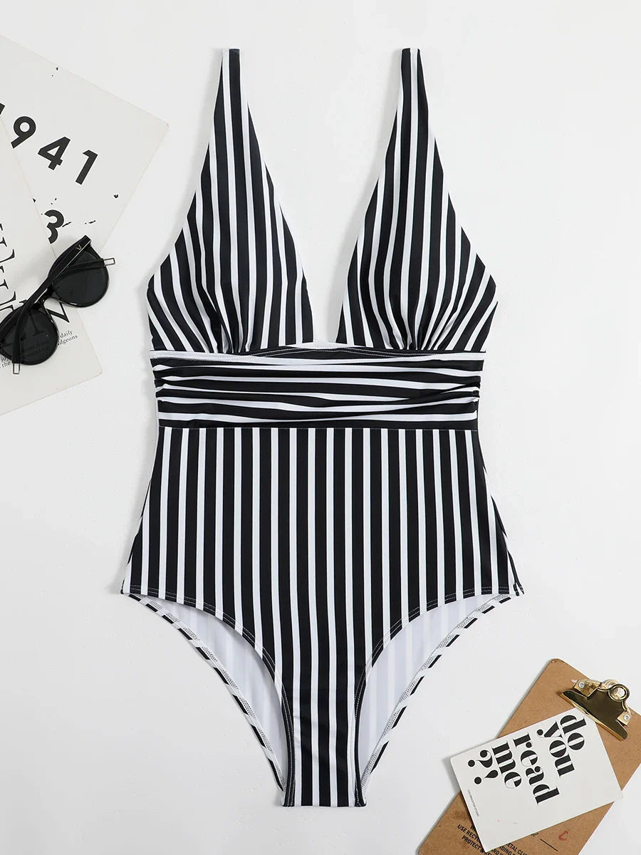 Beach Babe Essential Women's Plunging Striped One Piece Swimwear | Chuzko.com