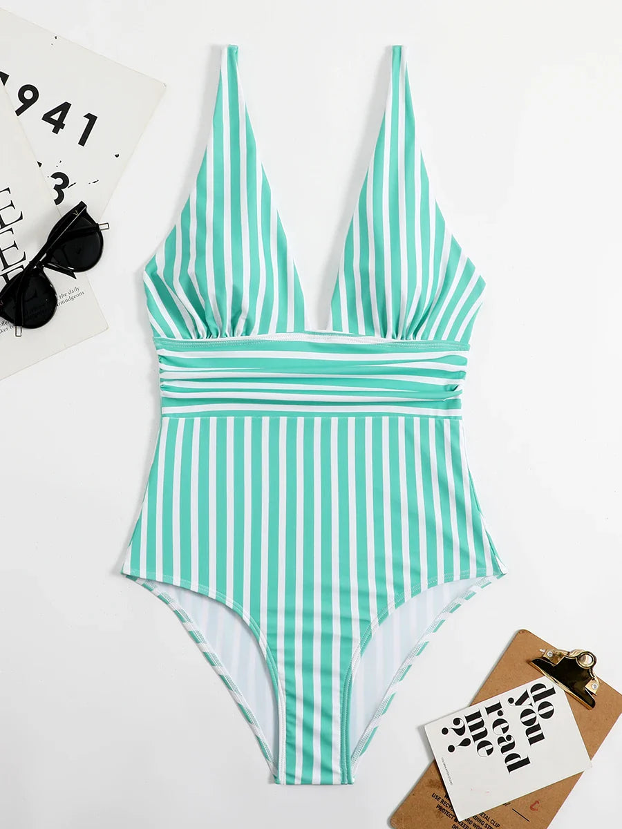 Beach Babe Essential Women's Plunging Striped One Piece Swimwear | Chuzko.com