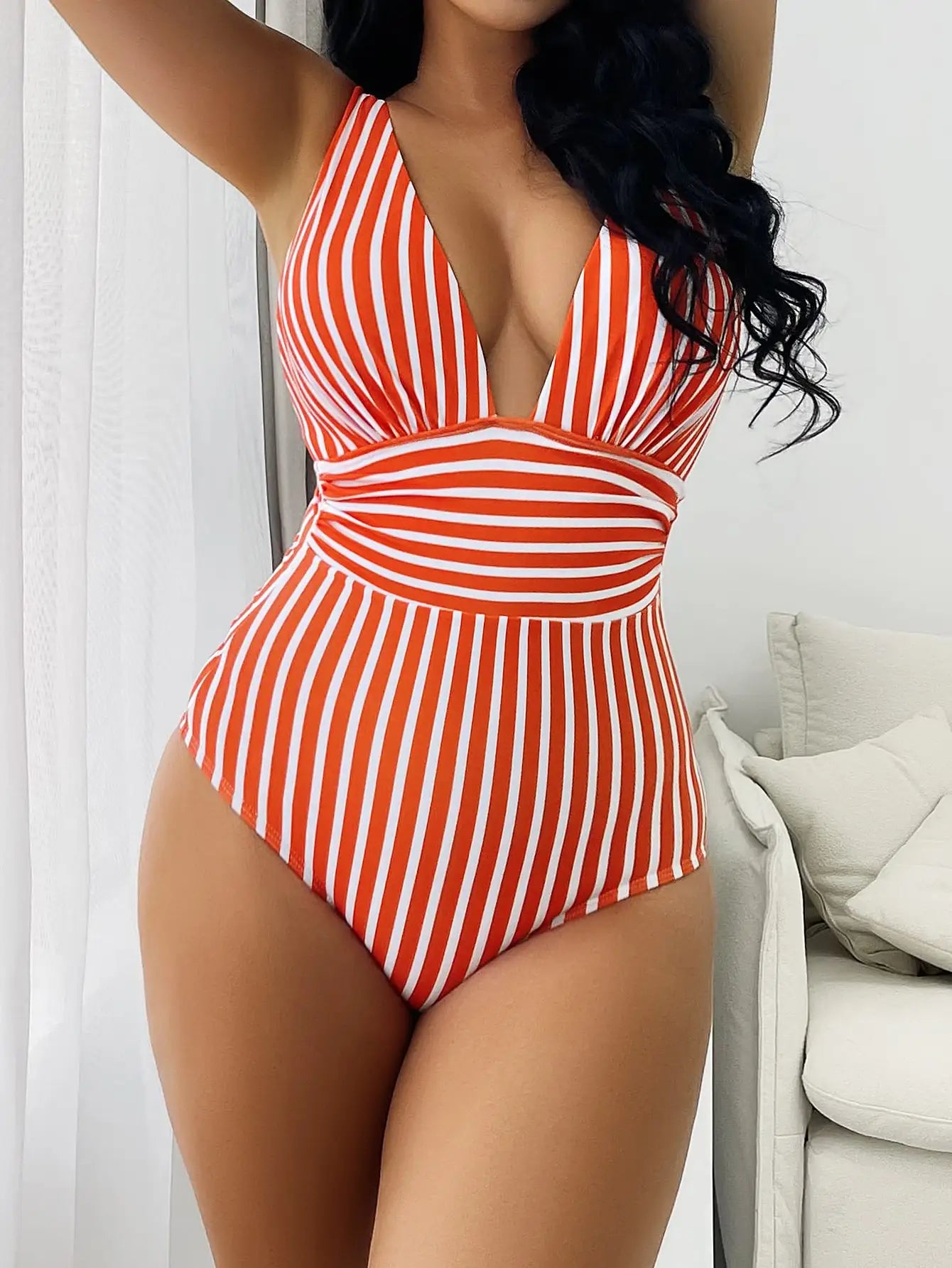 Beach Babe Essential Women's Plunging Striped One Piece Swimwear | Chuzko.com