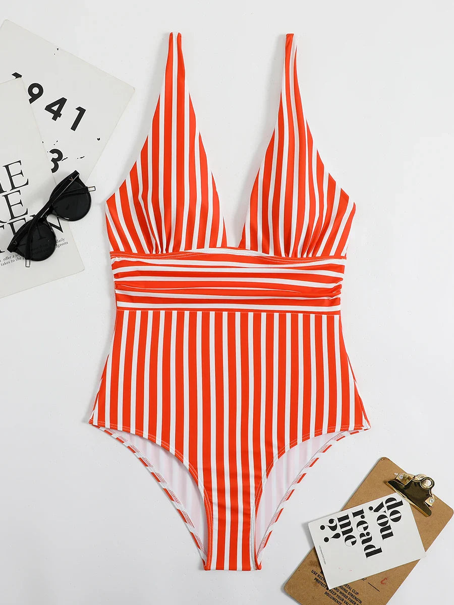 Beach Babe Essential Women's Plunging Striped One Piece Swimwear | Chuzko.com