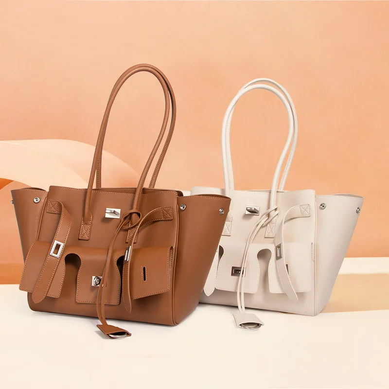 Trendy Cowhide Tote with Modern Buckle Design HandBags | Chuzko.com