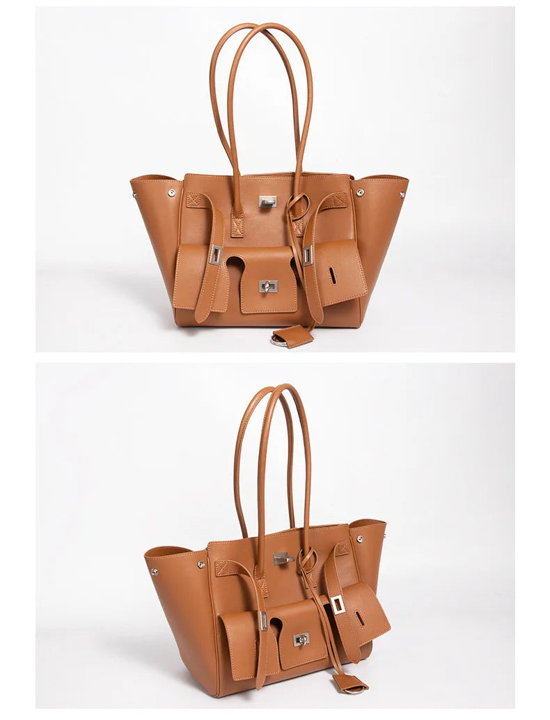 Trendy Cowhide Tote with Modern Buckle Design HandBags | Chuzko.com