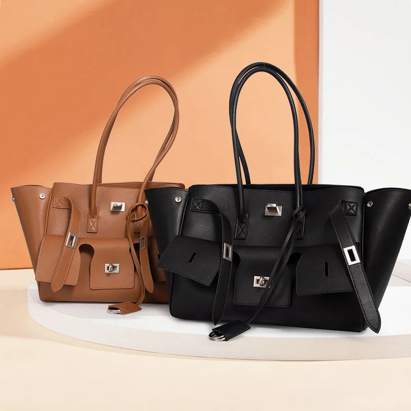 Trendy Cowhide Tote with Modern Buckle Design HandBags | Chuzko.com