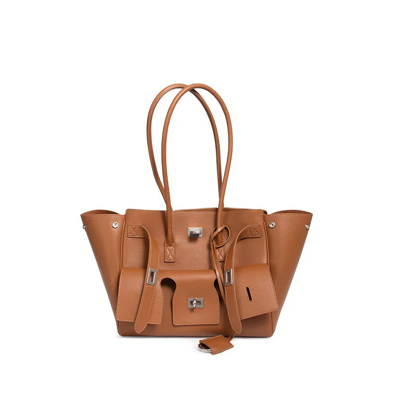 Trendy Cowhide Tote with Modern Buckle Design HandBags | Chuzko.com