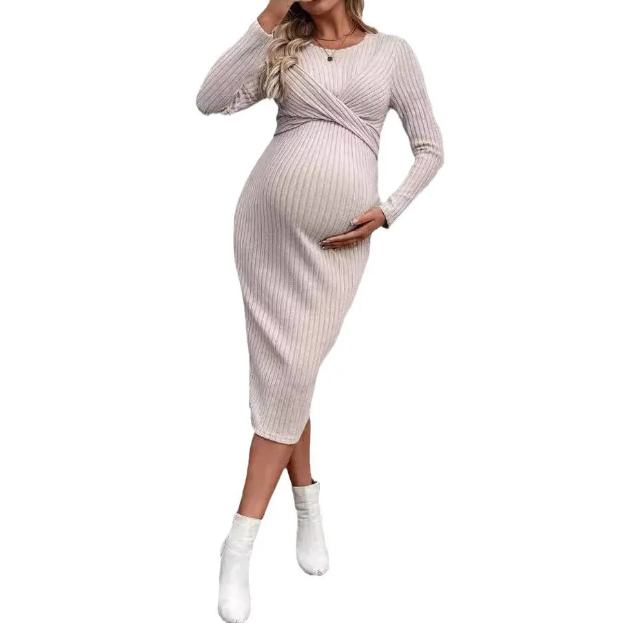 Comfy Crisscross Ribbed Maternity Knit Dress for Casual Wear | Chuzko.com