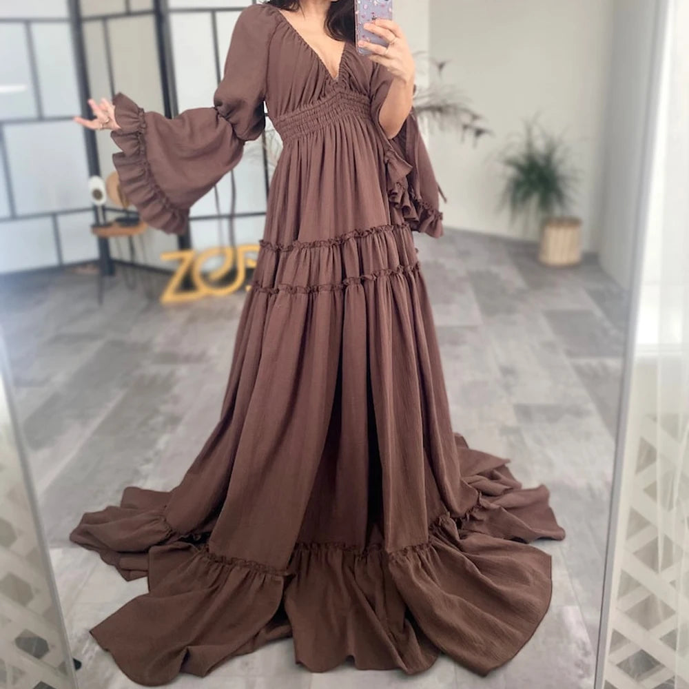 Graceful Floor-Length Maternity Portrait Gown Cotton Linen Dress | Chuzko.com