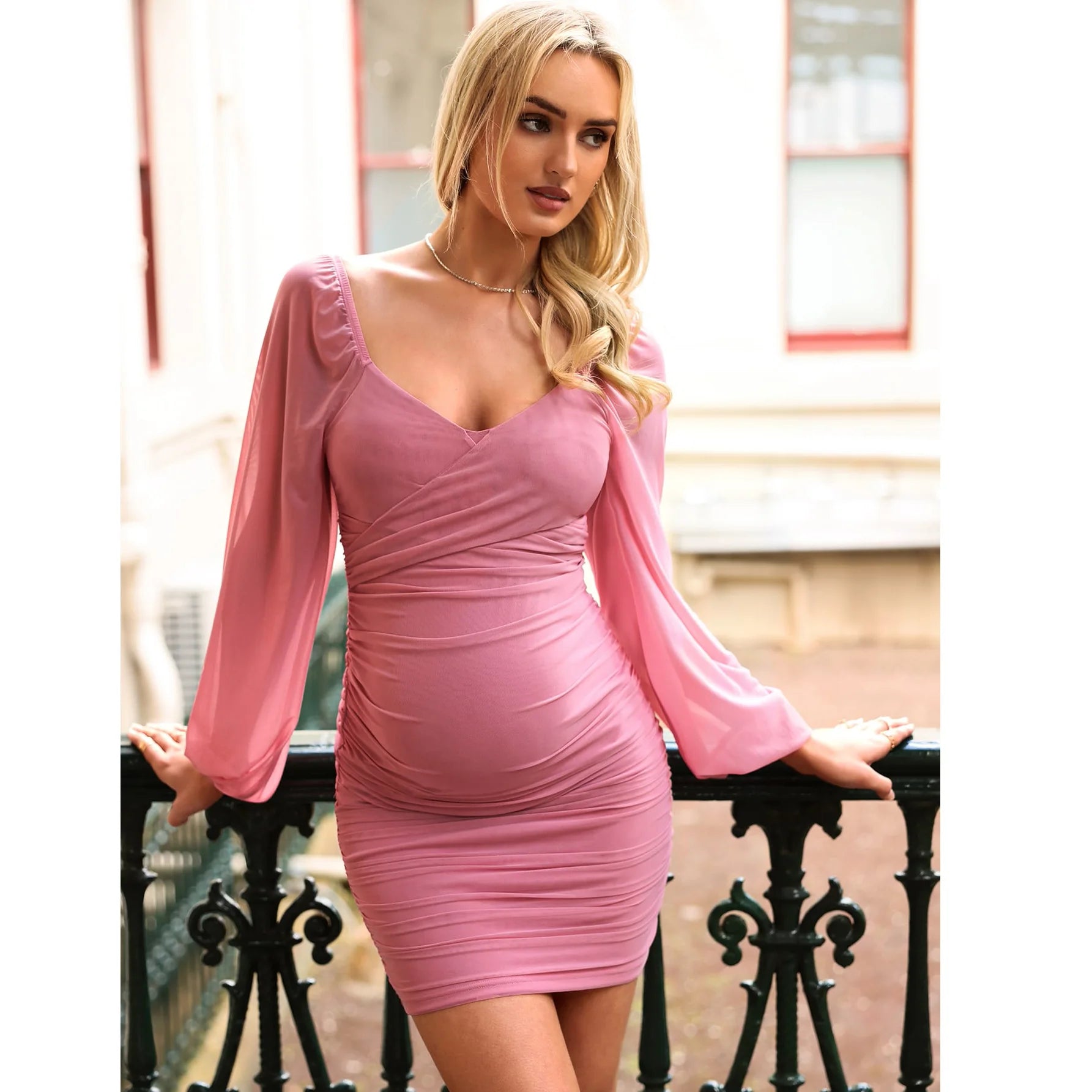 Chic Maternity Ruched Dress with Mesh Sleeves	