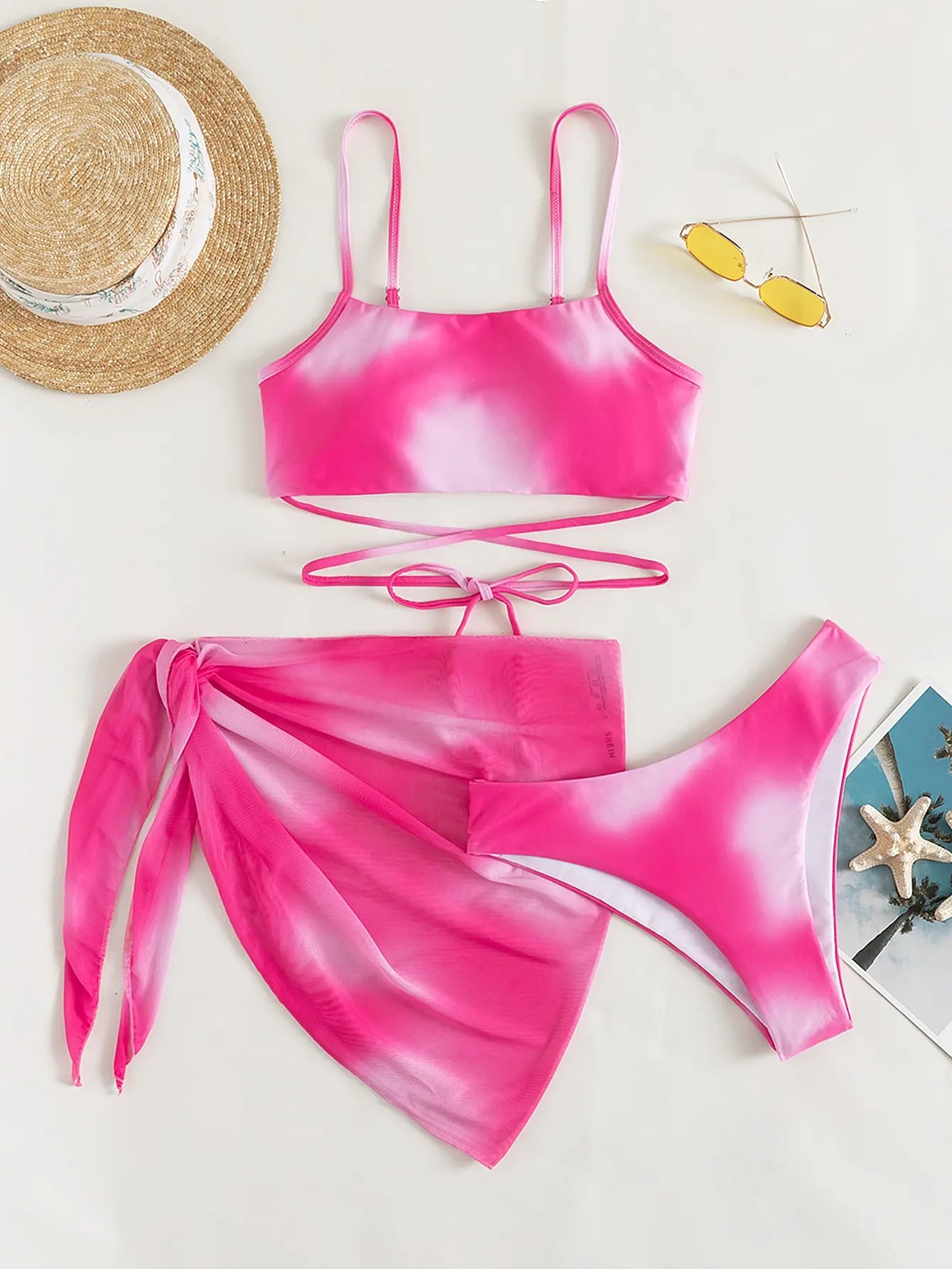 Sunset Lace-Up 3 Pcs Swim Set Bikini 3 Pcs Suit Set | Chuzko.com