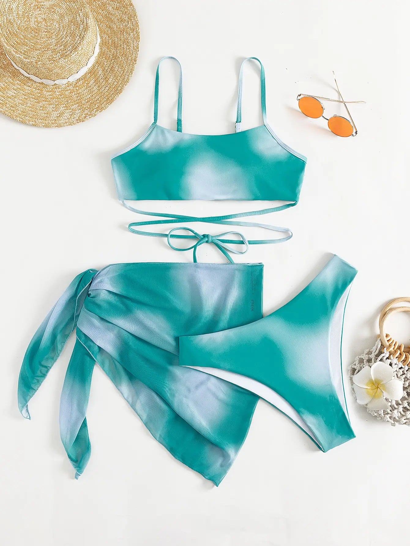 Sunset Lace-Up 3 Pcs Swim Set Bikini 3 Pcs Suit Set | Chuzko.com