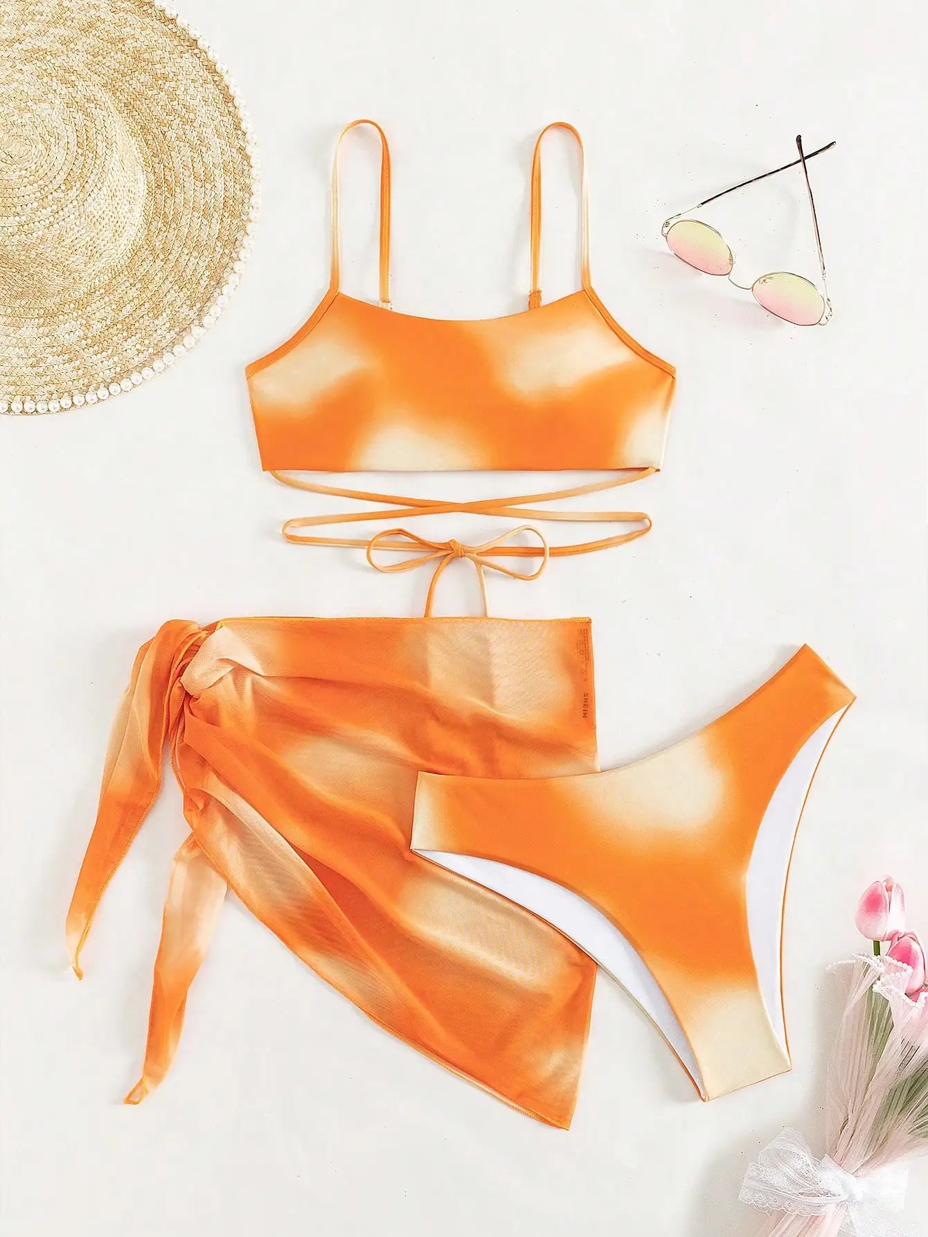 Sunset Lace-Up 3 Pcs Swim Set Bikini 3 Pcs Suit Set | Chuzko.com