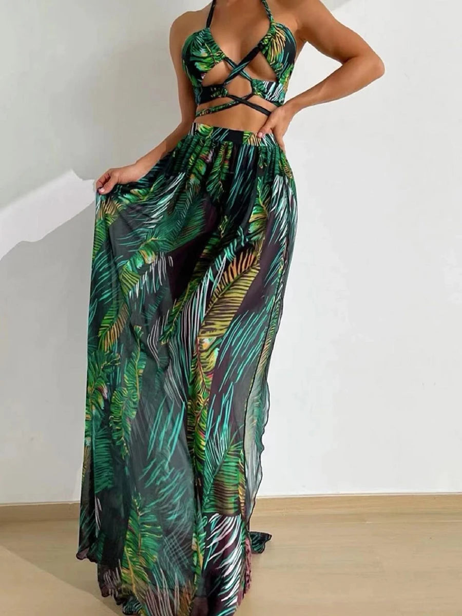 Tropical Temptation Halter Maxi 3 Pcs Set Dress Beach Dresses | Chuzko.com