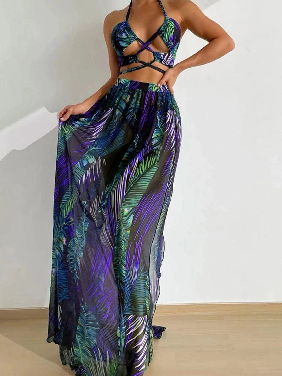 Tropical Temptation Halter Maxi 3 Pcs Set Dress Beach Dresses | Chuzko.com