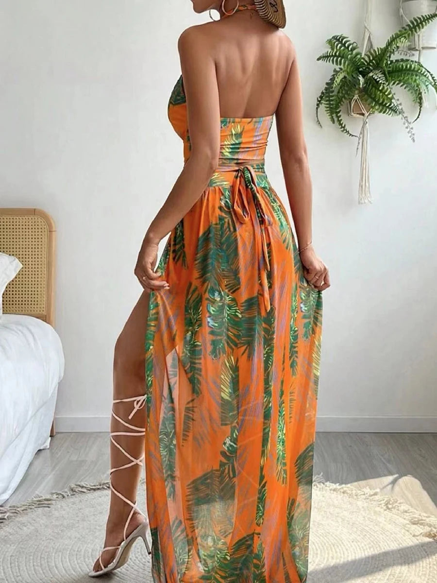 Tropical Temptation Halter Maxi 3 Pcs Set Dress Beach Dresses | Chuzko.com