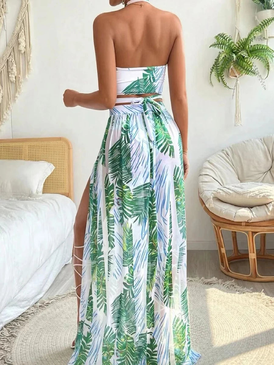 Tropical Temptation Halter Maxi 3 Pcs Set Dress Beach Dresses | Chuzko.com