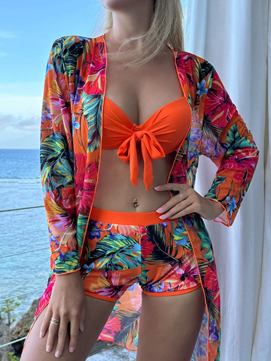 Tropical Floral Print Bikini with Tie-Front & Cover-Up Bikini 3 | Chuzko.com