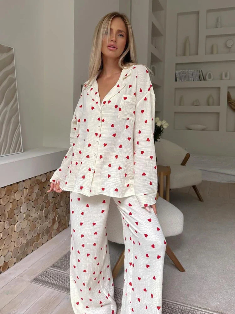 Cotton Love Print Pajamas Women's Long Sleeve Shirt & Pants Set	